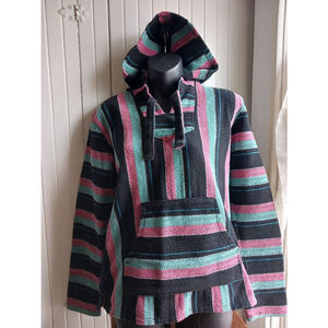 Senor Lopez Poncho Hoodie Pink Striped Cotton Blend Size Medium
